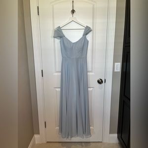 Dressy Group Style 4525 in Mist Off the Shoulder Open Cowl Back Maxi Dress